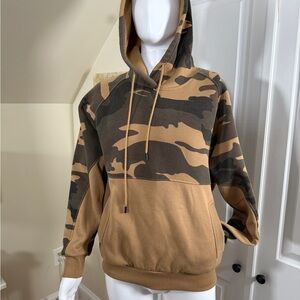 Mens Camo Sherpa Lined Pullover Hoodie Brown Tan Fleece Medium